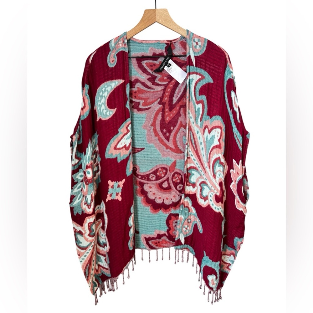 Colleen Lopez Paisley Print Burgundy Viscose Fringe Kimono Duster Wrap Sz S